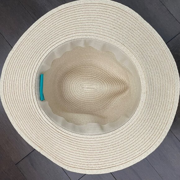 Melissa Odabash cream toned fedora hat with pale pink ribbon band and gold charm main image 5